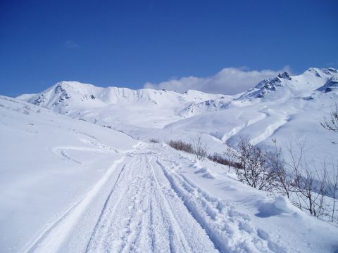 2000 Ford E350 - A snowy mountain pass with tire tracks leading through the snow under a clear blue sky.