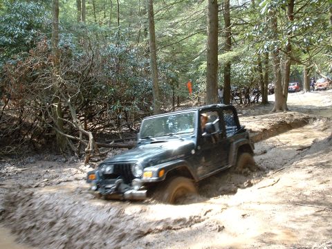 1991 Ford Bronco - A Jeep Wrangler navigates a challenging muddy off-road course surrounded by trees.