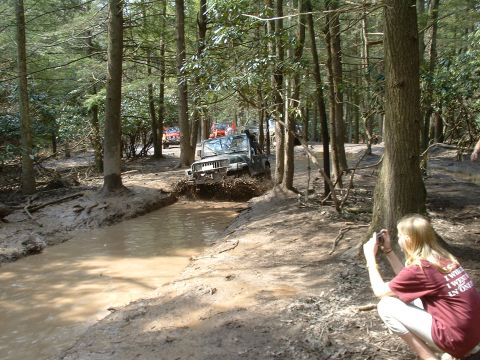 1991 Ford Bronco - Multiple Jeeps navigate a muddy water obstacle in a wooded area.