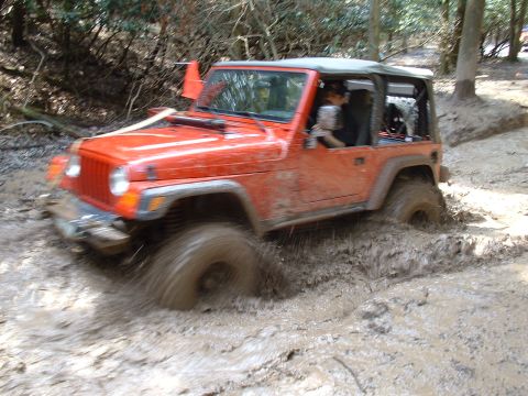 1991 Ford Bronco - An orange Jeep Wrangler navigates a muddy trail, with its front-left wheel submerged in thick mud.