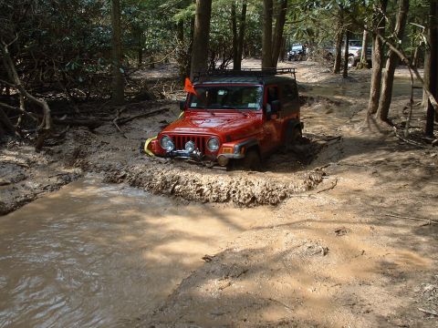 1991 Ford Bronco - A red Jeep Wrangler is stuck deep in mud on a wooded trail, with other off-road vehicles visible further down the path.