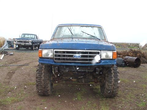 1989 Ford Bronco - A blue Ford pickup truck with a lifted suspension and large tires sits in a muddy outdoor area.
