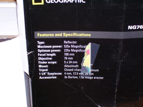 1992 Ford Bronco - Box for a National Geographic telescope, listing its specifications including magnification, focal length, and accessories.