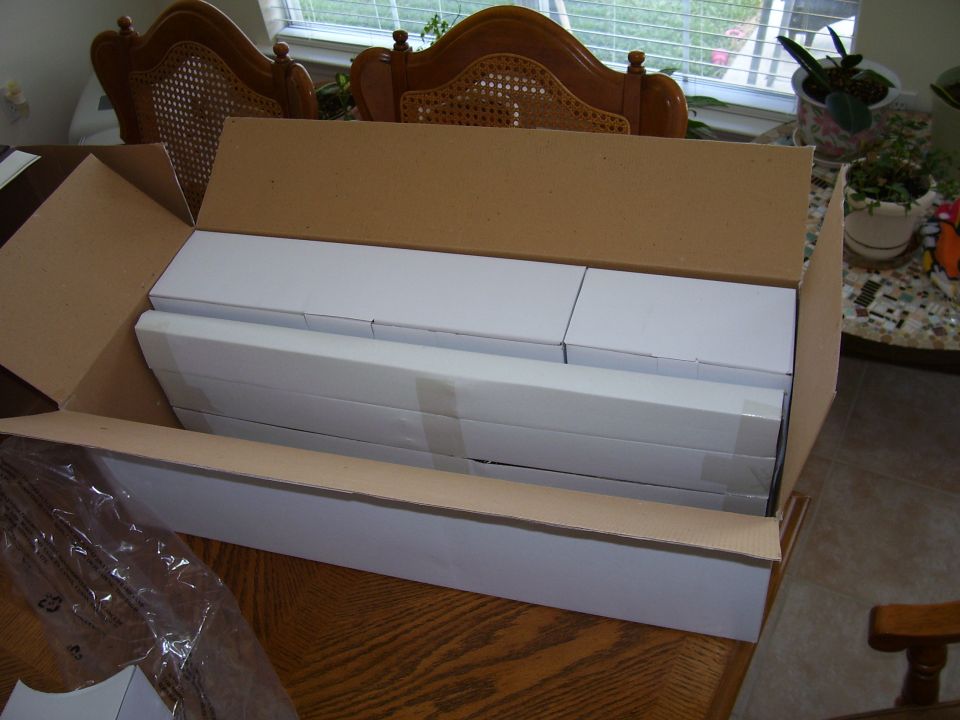Cardboard box filled with white packaged items