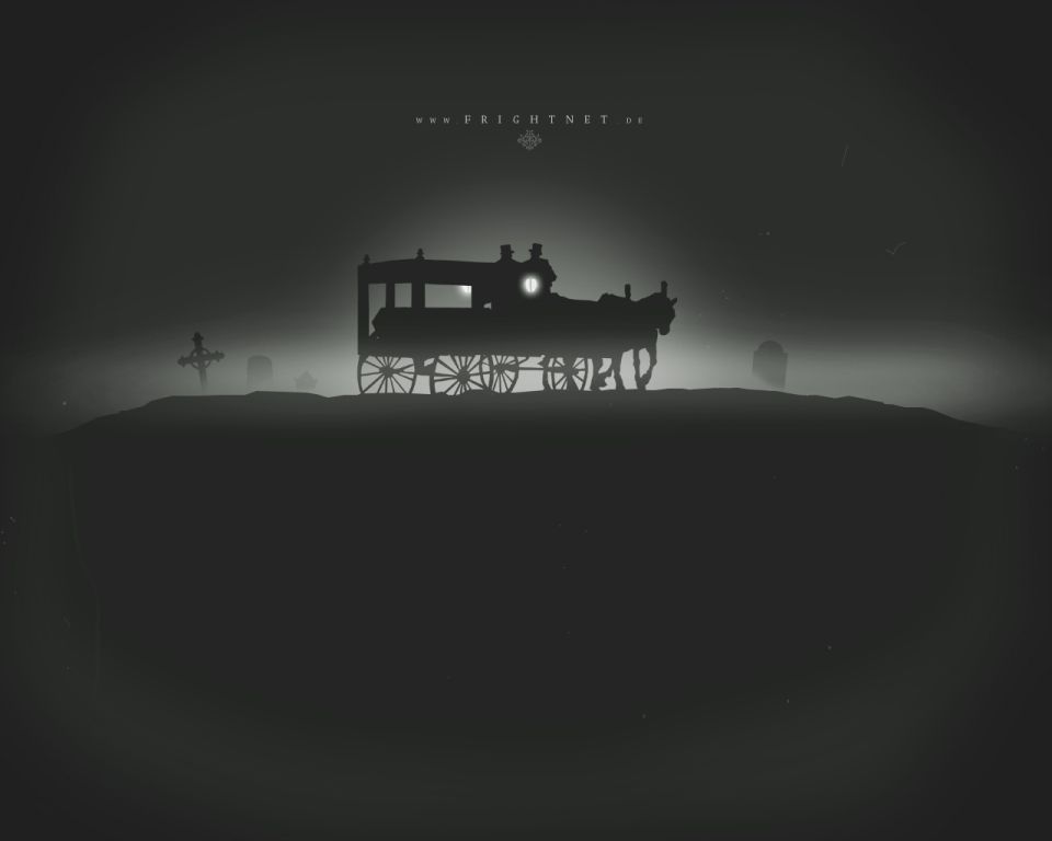 Gothic wallpaper art of a horse-drawn hearse silhouette in a foggy graveyard