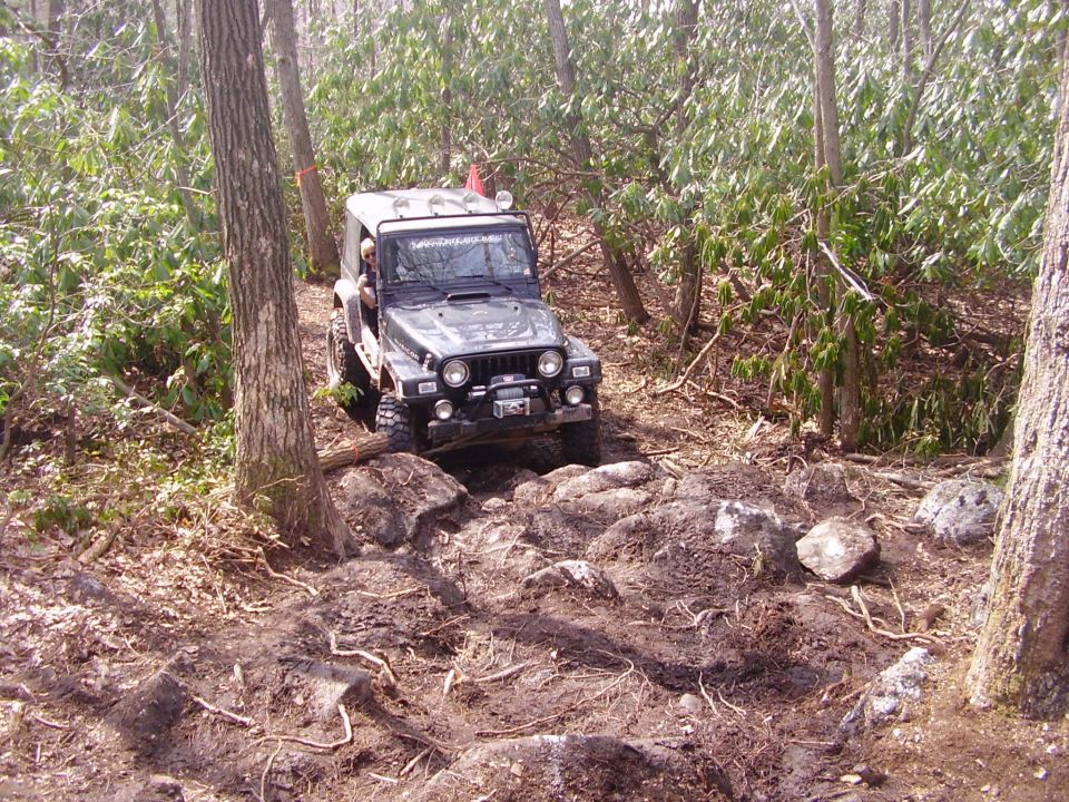 Dark gray Jeep Wrangler navigating a rocky forest trail