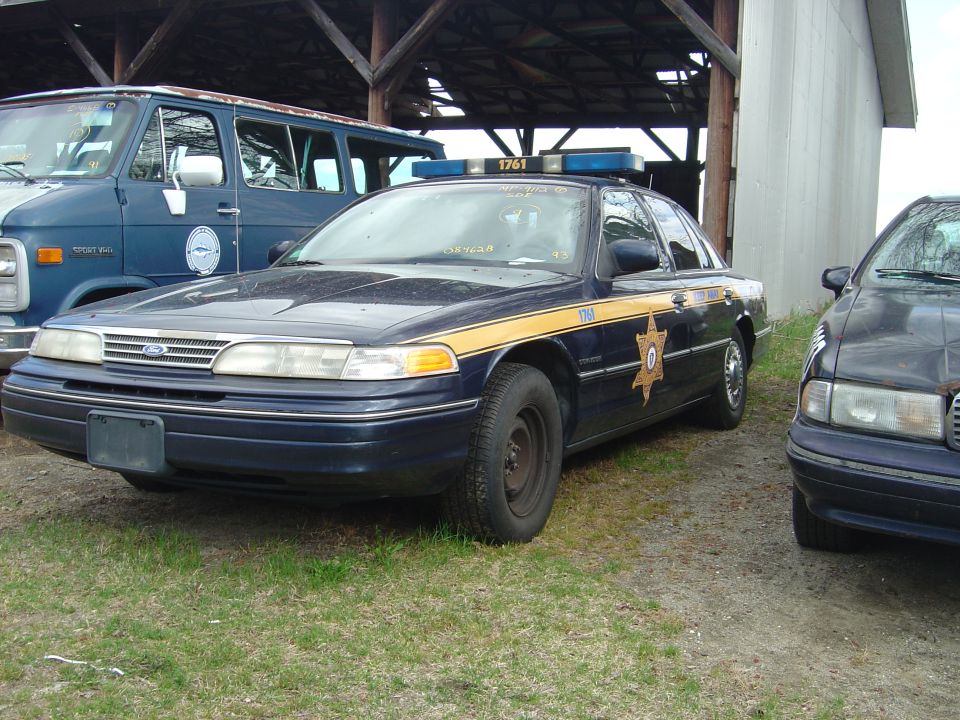 Dark blue police car with yellow stripe and star badge parked next to another car and a blue van