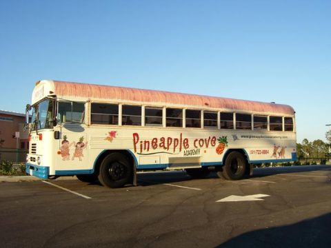 1994 Ford Probe - School bus painted white with "Pineapple Cove Academy" text and graphics, parked in a lot.