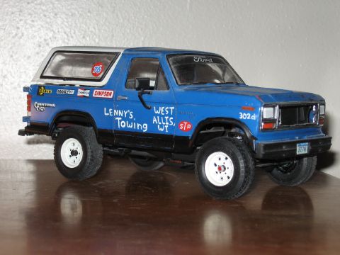 1977 Ford F-150 - Model of a 1977 Ford F-150 pickup truck decorated with towing and racing decals.