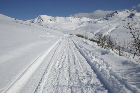 2003 Jeep TJ - Tracks mark a path through a snowy mountain landscape on a clear day.