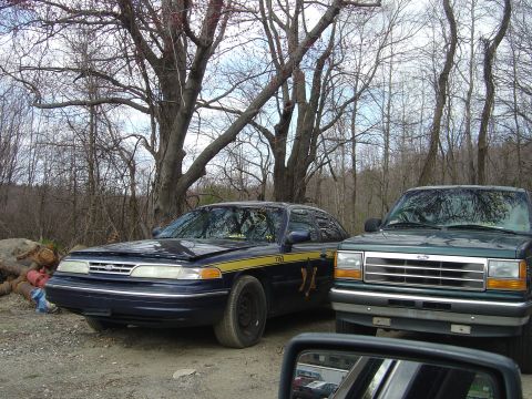 2001 Ford Crown Victoria - A dark blue 2001 Ford Crown Victoria with a yellow stripe is parked outdoors next to a green SUV.