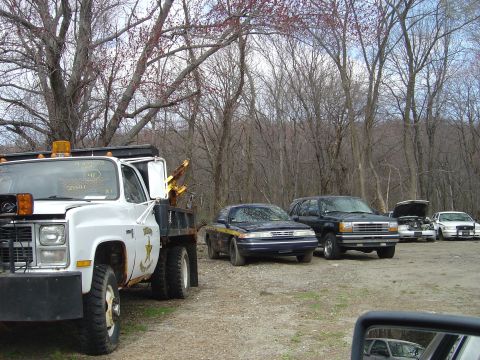 2001 Ford Crown Victoria - A dark blue sedan with a yellow stripe is parked in a lot with other vehicles.