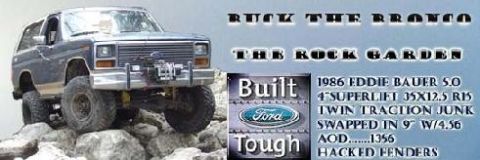 1986 Ford Bronco - This 1986 Ford Bronco is modified for off-road use, with large tires and a lifted suspension.