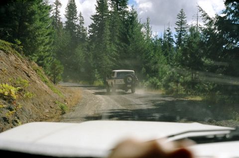 1979 Ford Bronco - A vehicle travels down a dusty, unpaved road surrounded by tall pine trees.