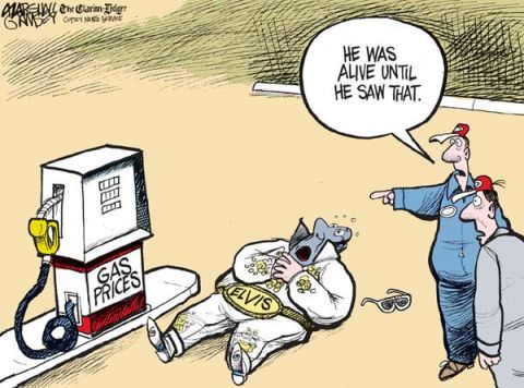 1968 Ford Mustang - High gas prices have taken down Elvis, according to this political cartoon.