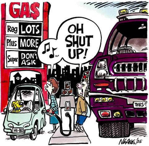 1968 Ford Mustang - Cartoon depicts a humorous scene at a gas station with people and vehicles.
