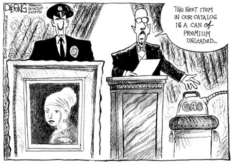1968 Ford Mustang - A political cartoon satirizes the high cost of gas by juxtaposing a famous painting with a can of premium unleaded fuel at an auction.