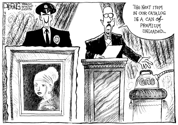 Cartoon shows a police officer next to a painting of 'Girl with a Pearl Earring' and an auctioneer presenting a gas can. The auctioneer says the next item is a can of premium unleaded