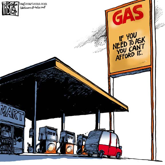 Red and white cartoon vehicle at a gas station, rear view. Gas sign reads 'GAS IF YOU NEED TO ASK YOU CAN'T AFFORD IT.'