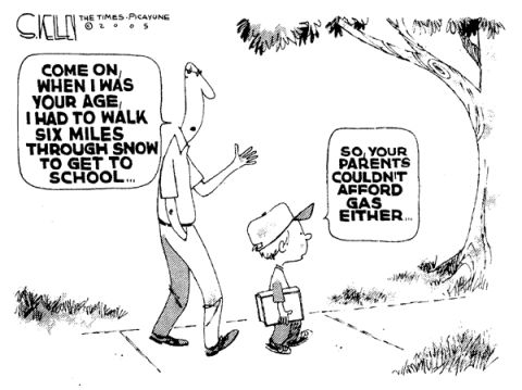 1968 Ford Mustang - A humorous cartoon depicts a generational difference in childhood hardships, highlighting the impact of gas prices on transportation to-sch…