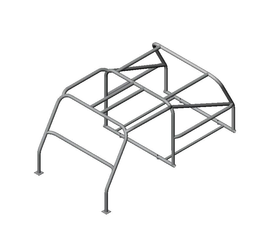 Isometric CAD render of a gray tubular roll cage with diagonal bracing
