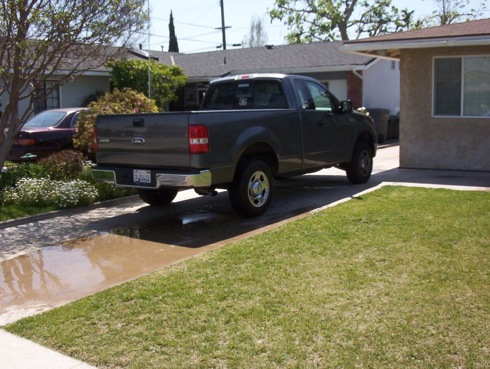 Gray Ford F-150 regular-cab pickup, rear 3/4, in a suburban driveway