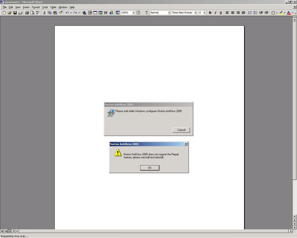 Microsoft Word screenshot with Norton AntiVirus 2005 error dialog boxes