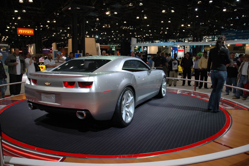 Silver Chevrolet Camaro concept car on display at an auto show