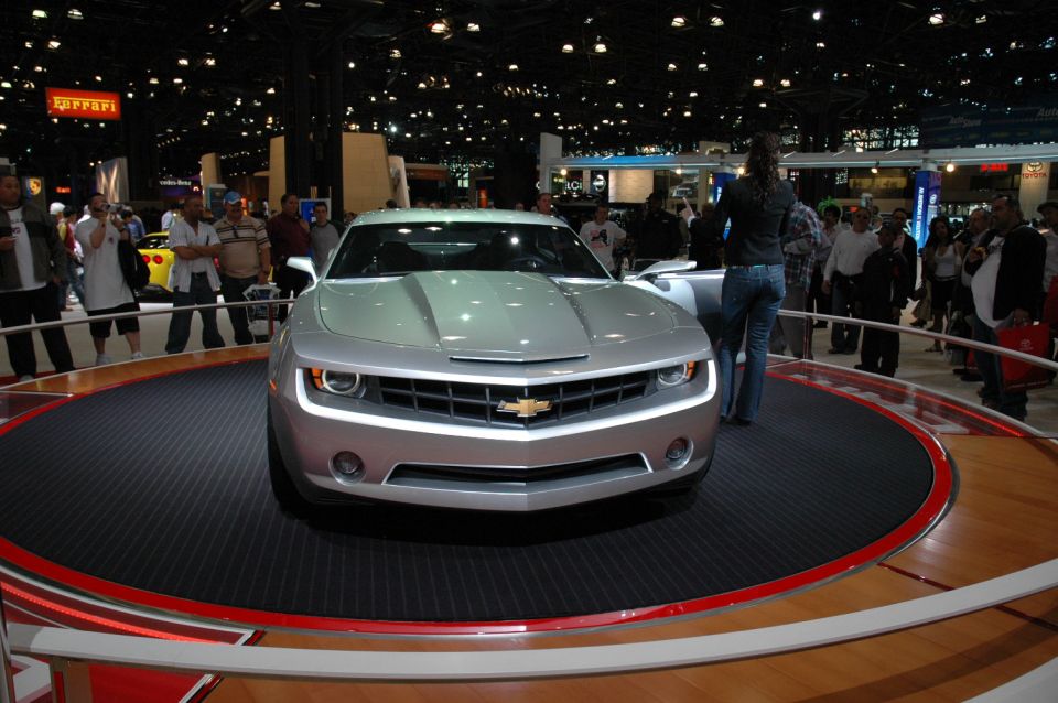 Silver Chevrolet Camaro concept car front view with LED accents