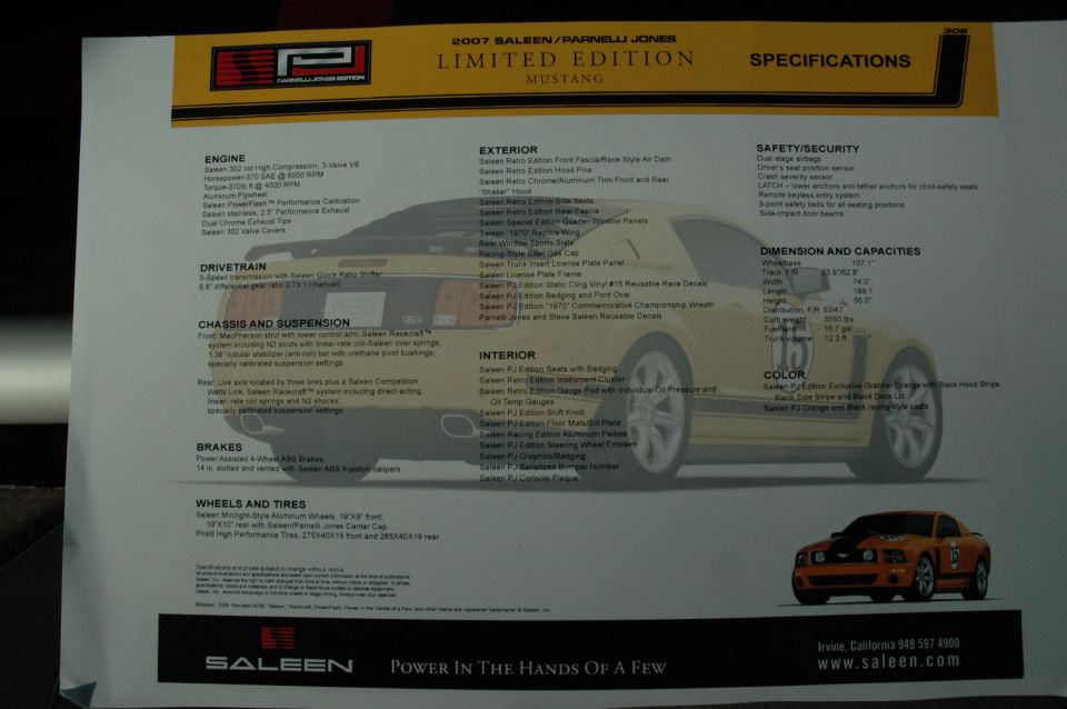 2007 Saleen/Parnelli Jones Limited Edition Mustang specifications sheet with orange car photo