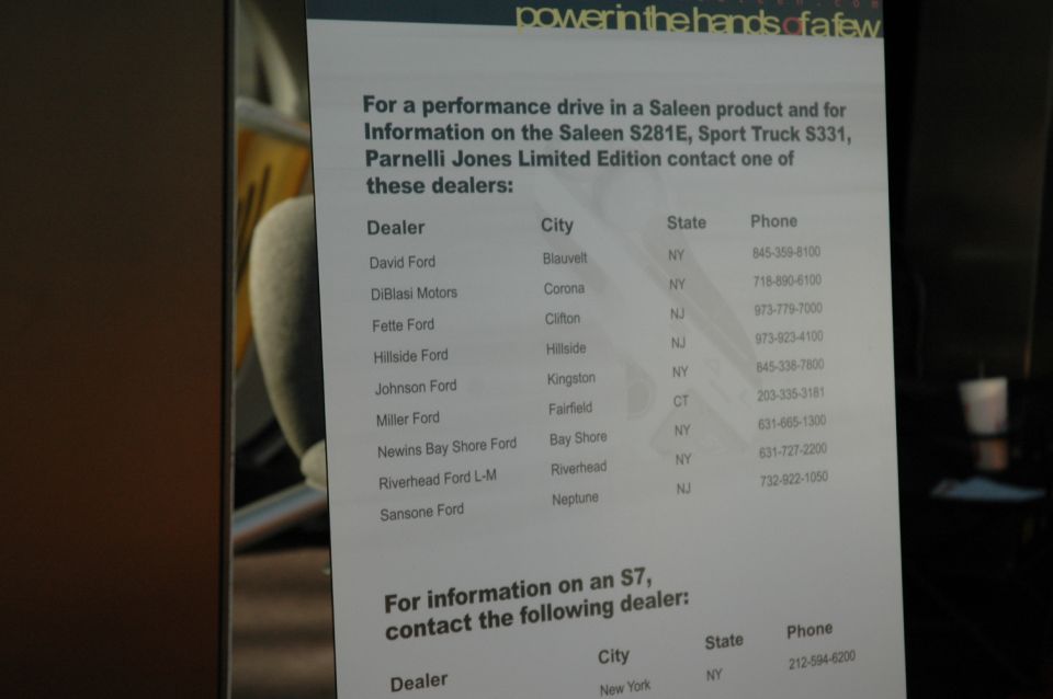 Saleen dealer list sign for the S281E, Sport Truck S331, Parnelli Jones Limited Edition and S7