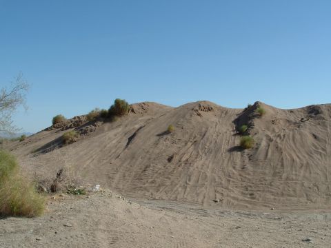 1990 Ford Bronco - Tire tracks mark the sandy slopes of a desert hill, indicating recent off-road activity.