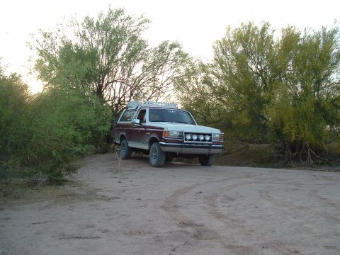 1990 Ford Bronco - 1990 Ford Bronco parked on a dirt road with brush and trees in the background.
