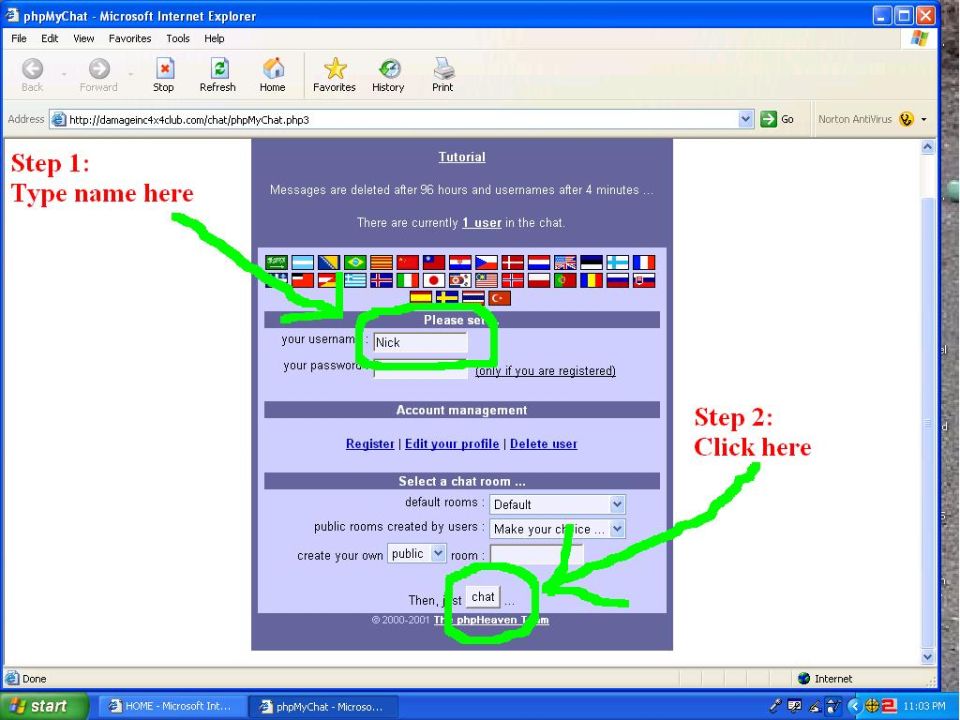 Screenshot of a phpMyChat login page with green arrows pointing to username and chat fields