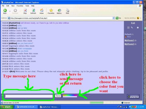 1977 Ford F-150 - This is a screenshot of a phpMyChat window, showing chat messages and user interface elements with annotations.