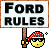 1968 Ford Mustang - A sign with the words 'FORD RULES' is held up by a cartoonish figure wearing a Santa hat.