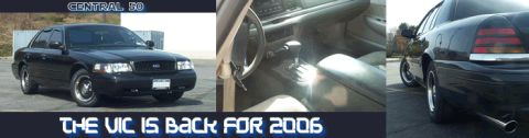 1999 Ford Crown Victoria - Wide banner graphic with three panels: a black Ford Crown Victoria 3/4 front on pavement labeled "CENTRAL 50", an interior shot of the colu…