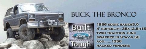 1986 Ford Bronco - This 1986 Ford Bronco is modified for off-road use with a lift kit and large tires.