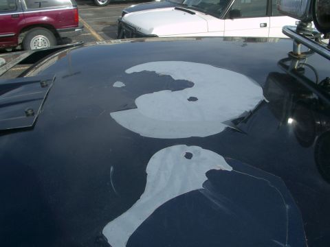 1992 Ford Ranger - Peeling paint is visible on the dark blue roof of a vehicle, with other cars in the background.