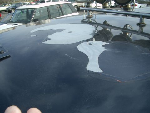 1992 Ford Ranger - Hood paint is severely damaged, revealing primer in multiple areas.