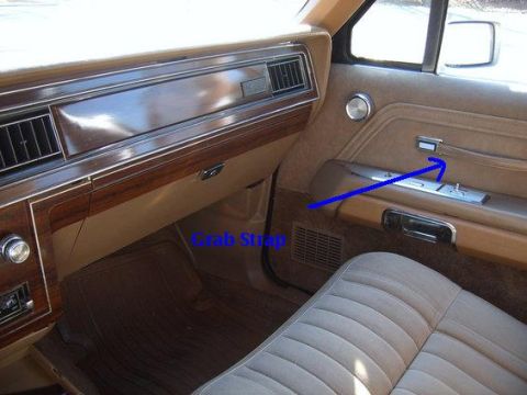 1982 Ford LTD Crown Victoria - The interior of a car shows the dashboard, door panel, and a labeled grab strap, with a Supermotors.net watermark visible.