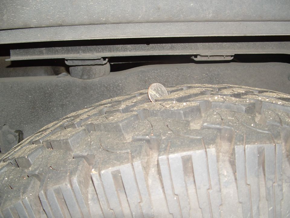 Tire with a quarter on its tread, showing part of the vehicle's undercarriage