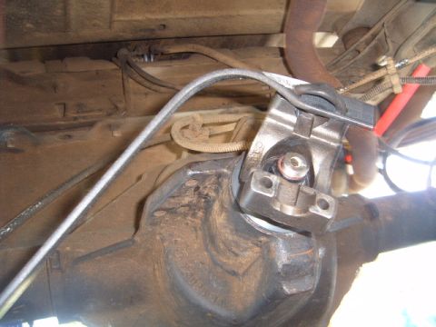 1988 Ford Bronco - Underside view of a vehicle's rear differential and driveshaft assembly.