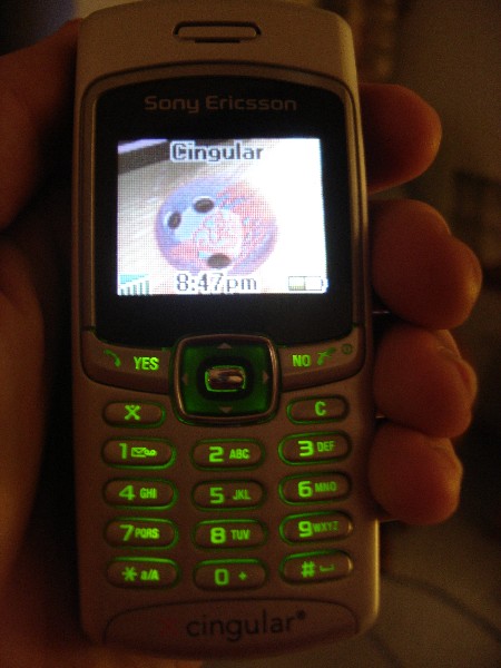 1999 Ford Taurus - A Sony Ericsson Cingular cell phone is held, showing the screen with a bowling ball image.