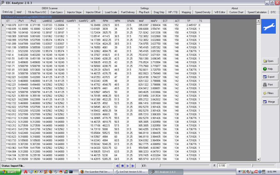 EEC Analyzer 2.0.3 software datalog screenshot with engine data table