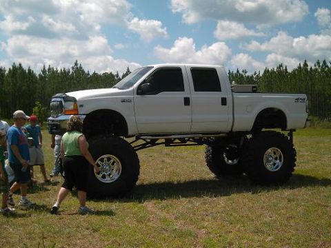 1986 Ford Bronco - A lifted white pickup truck with massive tires is parked in a grassy field with trees in the background.