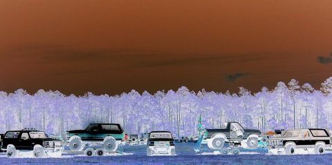 1986 Ford Bronco - A collection of off-road vehicles are gathered in an open field, with a dense forest bordering the scene.