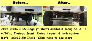 1992 Ford Bronco - Comparison of a vehicle's rear suspension before and after a custom modification, showing new shocks and leaf springs.