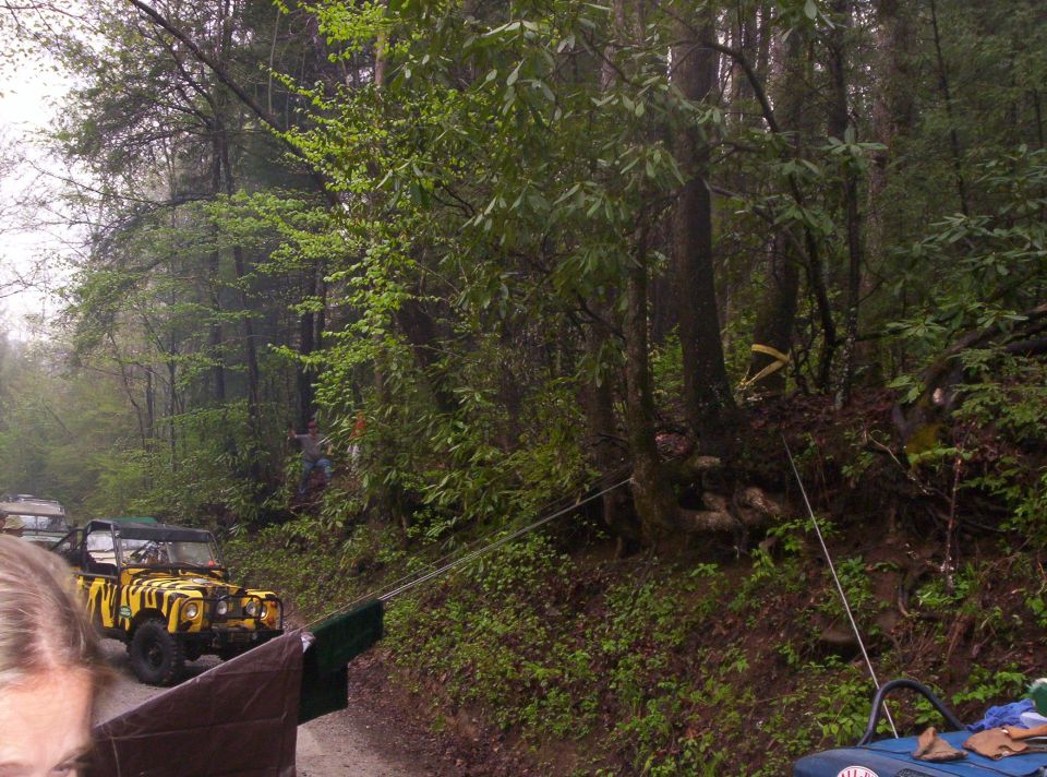 Yellow tiger-striped 4x4 with winch cable rigged up a wooded bank on a wet trail