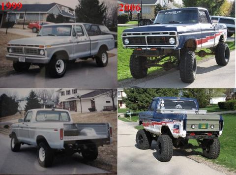 1977 Ford F-150 - Two Ford F-Series pickup trucks are shown, one silver and one lifted with custom paint.